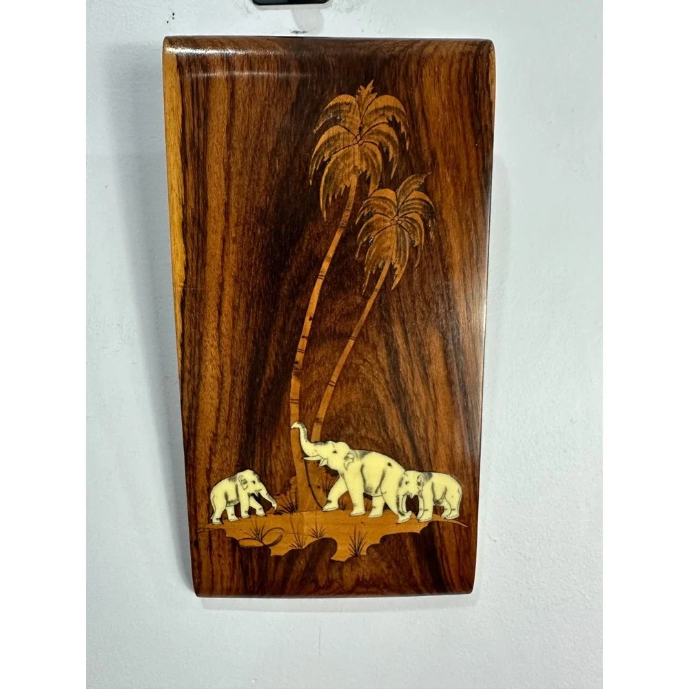 Vintage Wood Marquetry Wall Art Plaque‎ Elephant Palm Tree Inlay Brown Safari